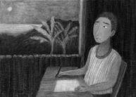 illustration character thouthful watching lansdcape from window charcoal black and white alma cecilia lopez carranza