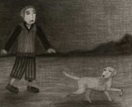 illustration prosthesis boy with dog charcoal black and white alma cecilia lopez carranza